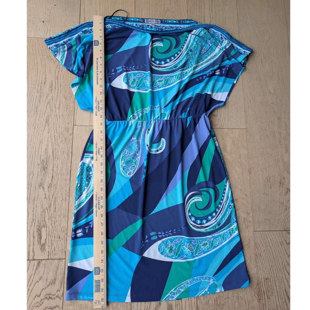 Jennifer Lopez Blue Green Paisley Boat Neck Mini Dress Elastic Waist Womens M - Picture 3 of 5